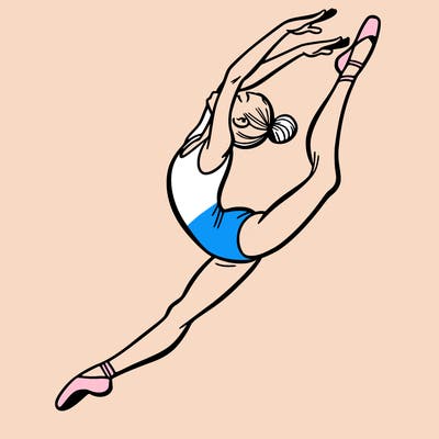 gymnast doing a leap in a leotard with a bent back leg