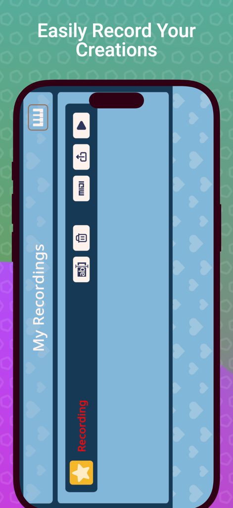 Simple Melodica - Smartphone screen showing the My Recordings interface in the Simple Melodica app with MIDI export and playback options