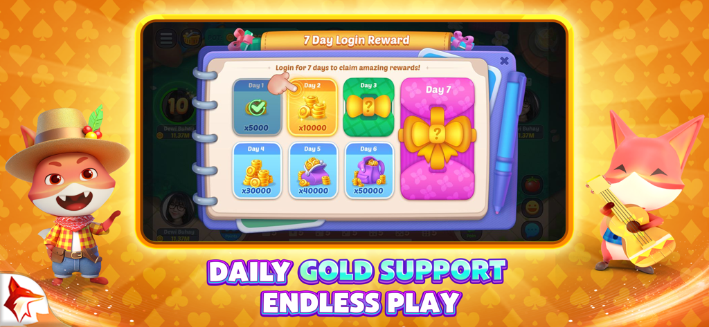 Pantalla de recompensas de inicio de sesión diario en Domino ZingPlay que muestra bonificaciones de monedas de oro durante siete días