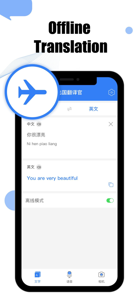 Translator abroad - Offline translation interface of the Translator abroad app showing a Chinese to English translation on a smartphone.