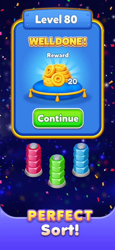 Nut Sort 3D: Color Match - Pantalla de finalización del nivel 80 en Nut Sort 3D que muestra una recompensa de 20 monedas y tuercas rojas, verdes y azules perfectamente clasificadas.