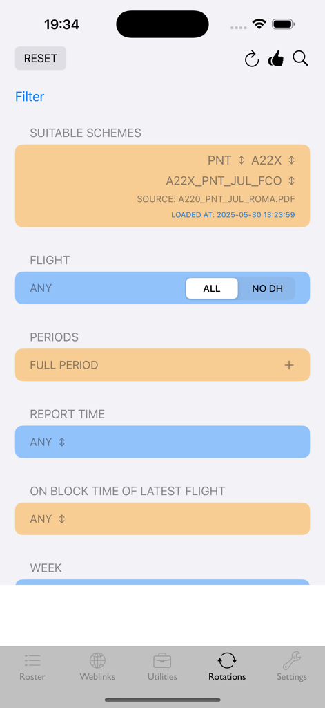 EasyRoster app filter interface for sorting aviation duty rotations and flight schedules