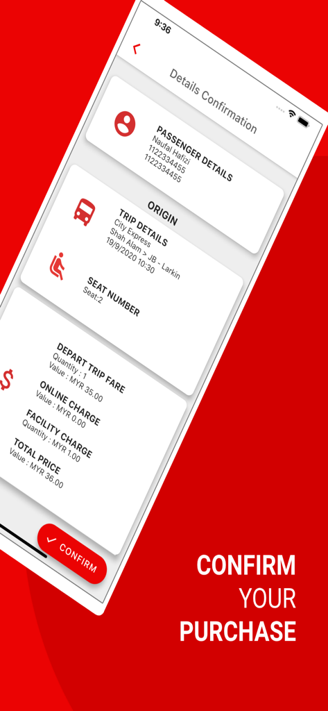 Terminal 17 Mobile - Bus ticket purchase confirmation screen on Terminal 17 Mobile app showing trip details and fare.