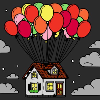 house floating from lots of balloons