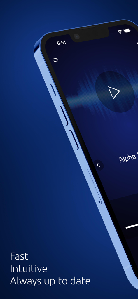 GR Radio mobile app interface on a smartphone screen showing a blue themed audio player with a play button and waveform visualization.