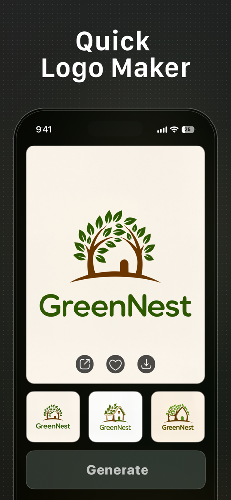 Logo Maker - Logo AI - Interface of Logo Maker AI app displaying a professional tree house logo for GreenNest with multiple design options