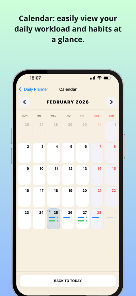 Daily Planner: No Subs Apps - Interfaz de calendario mensual que muestra la carga de trabajo diaria y el resumen del seguimiento de hábitos en la aplicación Daily Planner.