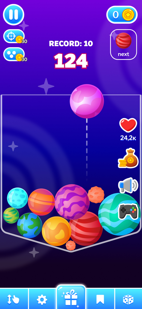 Swipe Games for Kids & Teens - Gameplay eines bunten Planeten-Merge-Minispiels mit Punktzahl und Power-Ups