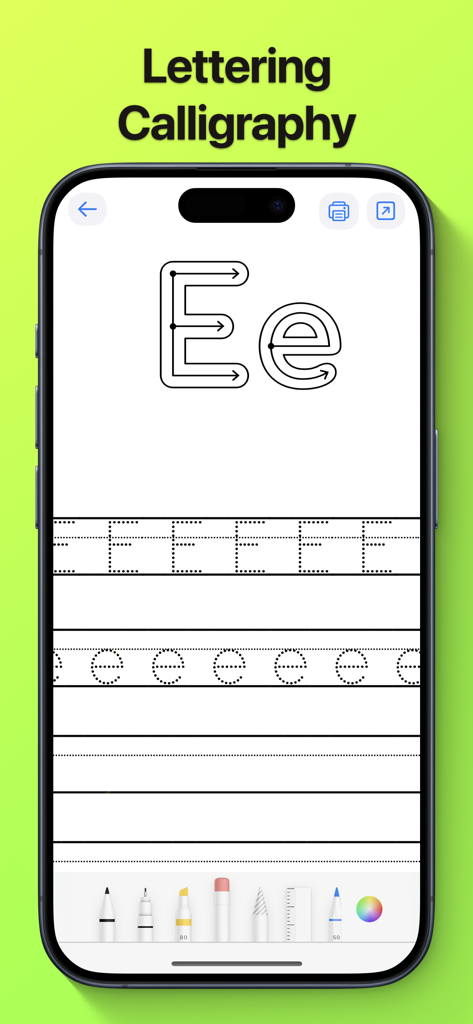 Modern Handwriting Calligraphy - Interfaz de la aplicación Caligrafía de Escritura Moderna mostrando un ejercicio de calco de la letra E con herramientas de escritura digital.