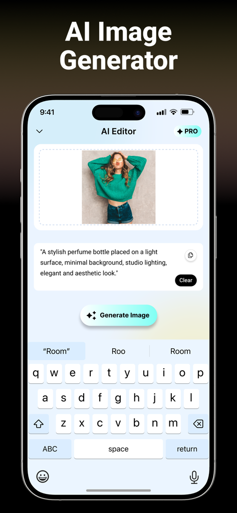 PaintIt AI: AI Image Generator - Pantalla de smartphone mostrando el editor PaintIt AI con un prompt de texto y una imagen de una mujer.