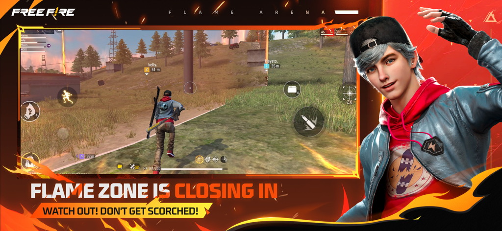 Captura de pantalla del juego móvil Free Fire que muestra un personaje elegante y una advertencia de que la Zona de Llamas se está cerrando durante el juego de supervivencia
