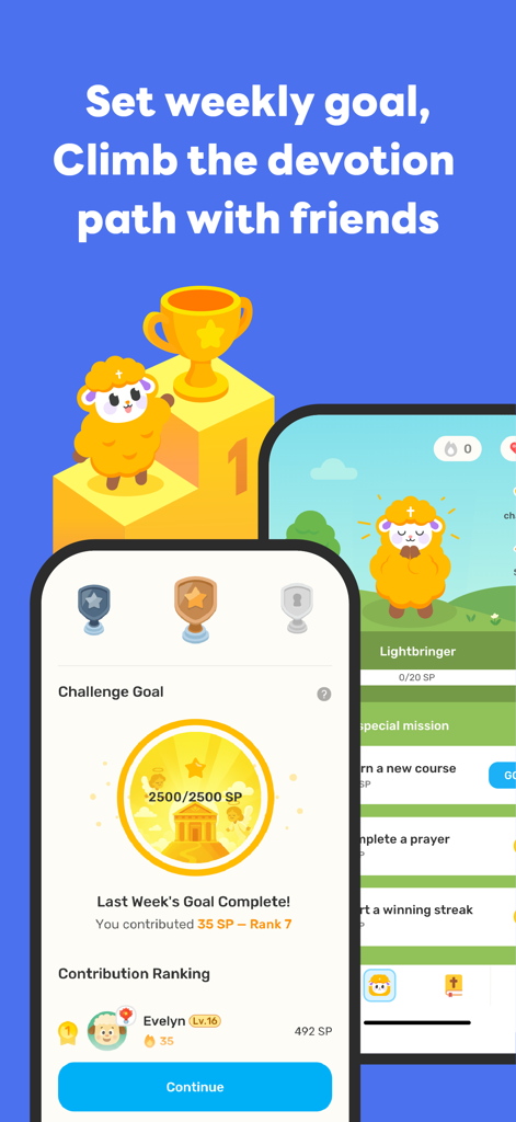 Manna: Daily Bible Study - Interfaz de la app de estudio bíblico Manna mostrando metas de desafío semanal y clasificaciones de contribución de amigos