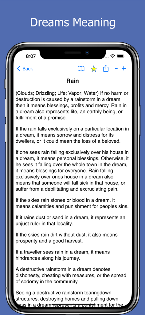 Dream Interpretation & Meaning - 이슬람 전통에 따라 비의 상징적 의미를 보여주는 꿈 해석 앱의 스크린샷.