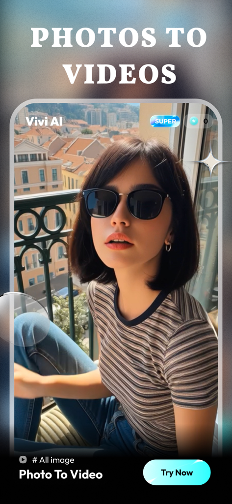 Interface do aplicativo Vivi AI mostrando uma foto de uma mulher sendo convertida em um vídeo animado