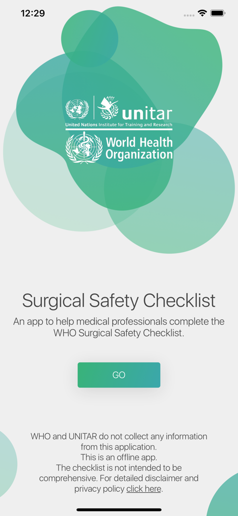 Écran de démarrage de l'application mobile Checklist OMS de sécurité chirurgicale pour les professionnels de la santé