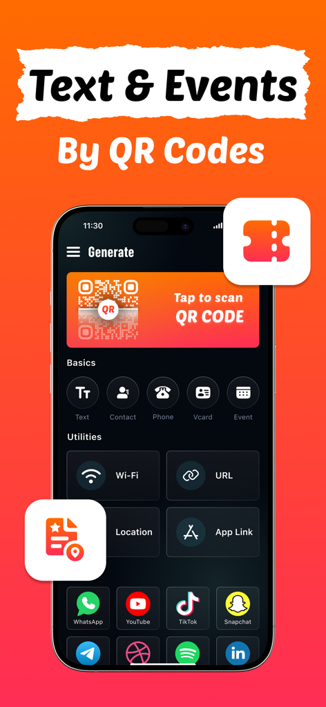 QRBot: QR Code Maker + Barcode - Interface of the QRBot app showing various QR code creation options including text events and social media links