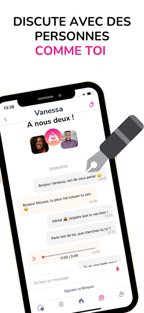 NousDeux - App de rencontre - A smartphone screen displaying a chat conversation between two users on the NousDeux dating app