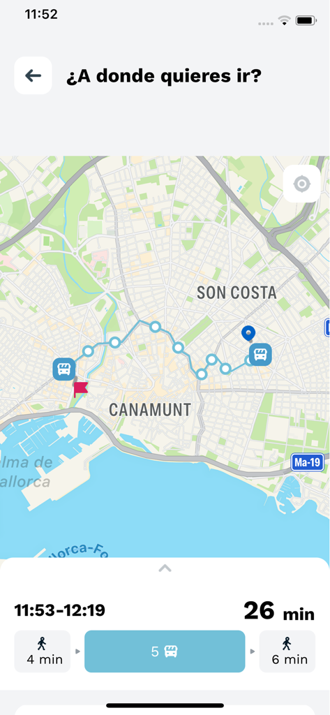Pantalla de navegación de la App EMT Palma que muestra un mapa de ruta de autobús y detalles del tiempo de viaje.