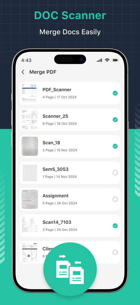 Doc Scanner : PDF Maker - Interfaz de usuario de la aplicación Doc Scanner para fusionar múltiples documentos en un solo archivo PDF.