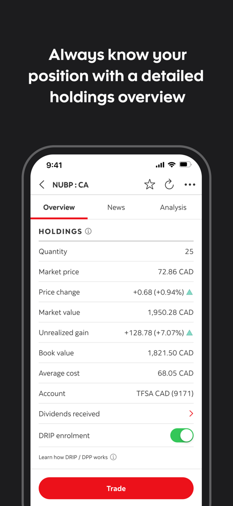 Scotia iTRADE mobile - Interface of the Scotia iTRADE app displaying detailed stock holdings and investment performance.