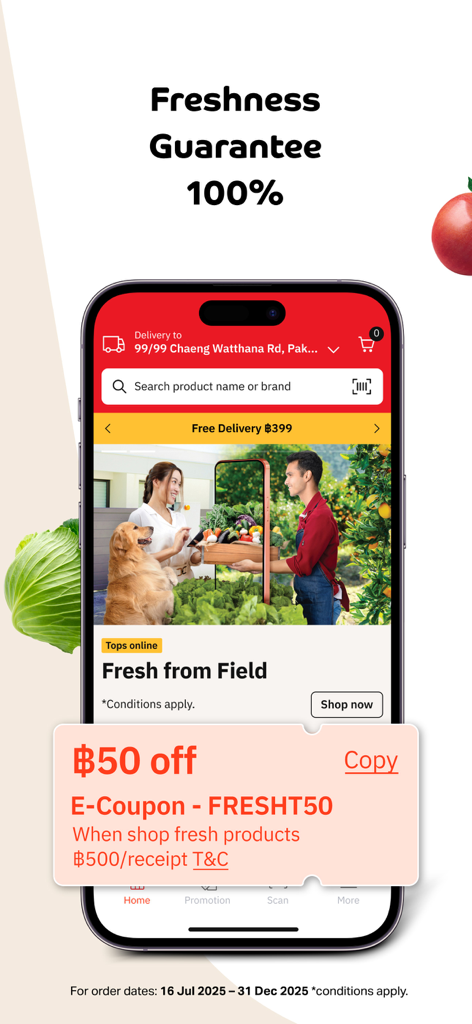Tops Online grocery app screen highlighting freshness guarantee and discount coupon