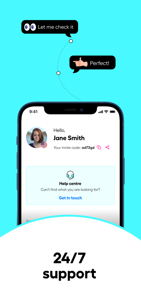 Instarem: Send money abroad - Instarem-App-Bildschirm mit 24/7-Kundensupport und Optionen für das Hilfe-Center