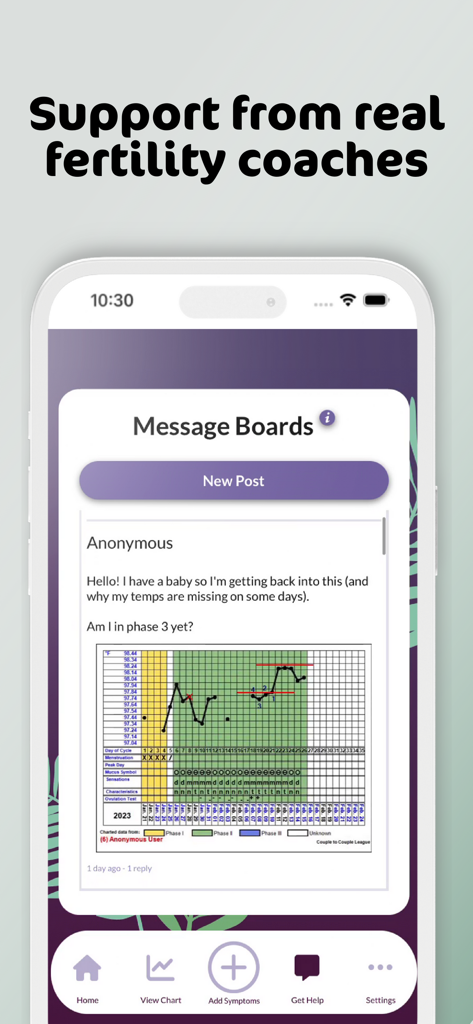 PeakDay app message board showing a user post with a fertility chart for expert coach advice.