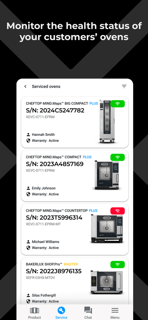 Unox Partner Hub - Interfaz de la aplicación Unox Partner Hub que muestra una lista de hornos comerciales atendidos con su estado de salud, números de serie y nombres de clientes.