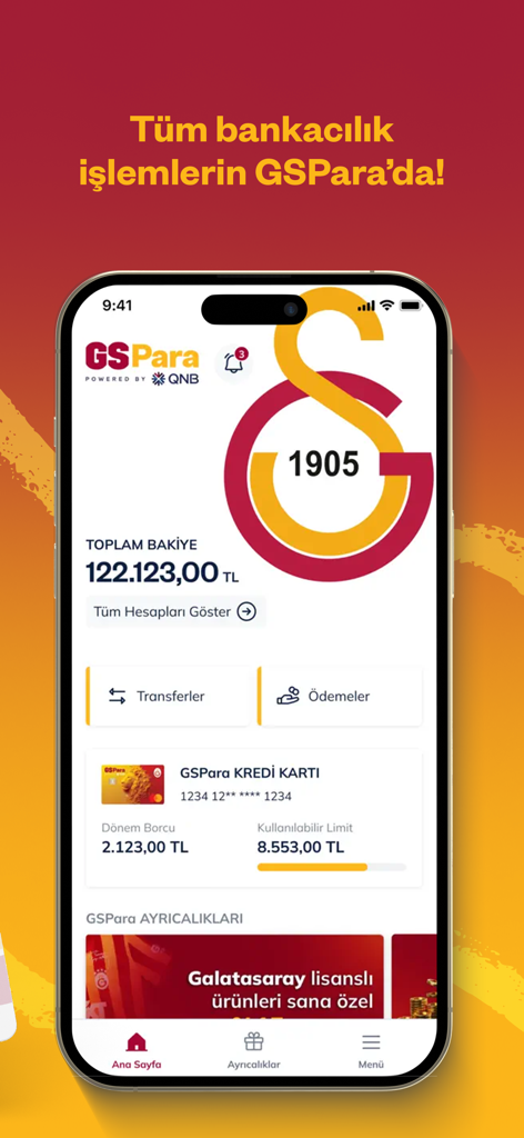 GSPara mobile banking app dashboard displaying account balance and credit card details with Galatasaray club branding