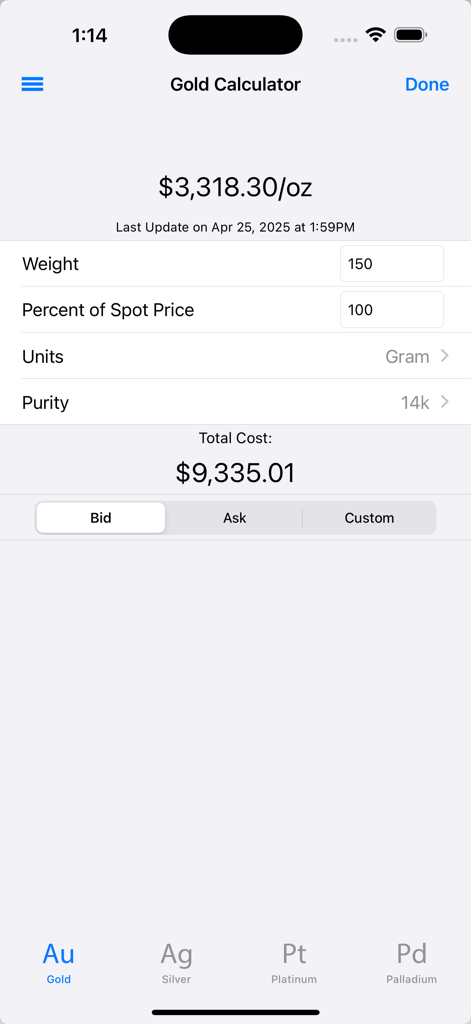 Gold calculator interface showing weight purity and total cost