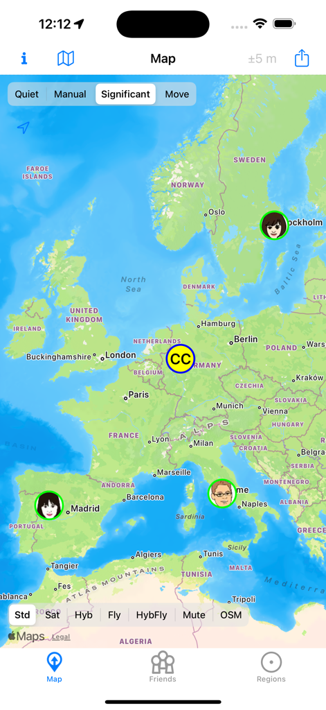 OwnTracks - OwnTracks app showing a map of Europe with live locations of friends across multiple countries.