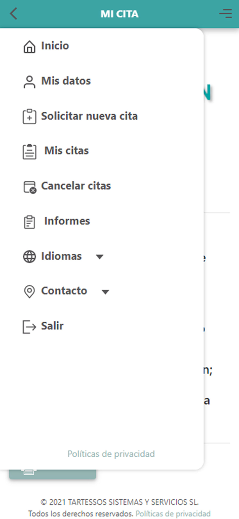 Menú de navegación lateral de la aplicación móvil del Hospital San Agustín con opciones para citas e informes médicos