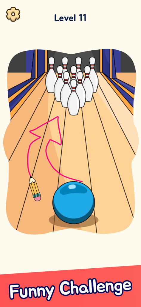 Draw Puzzle: Funny Brain Games - A mobile game screen showing a bowling puzzle where the player draws a path for the ball to hit the pins