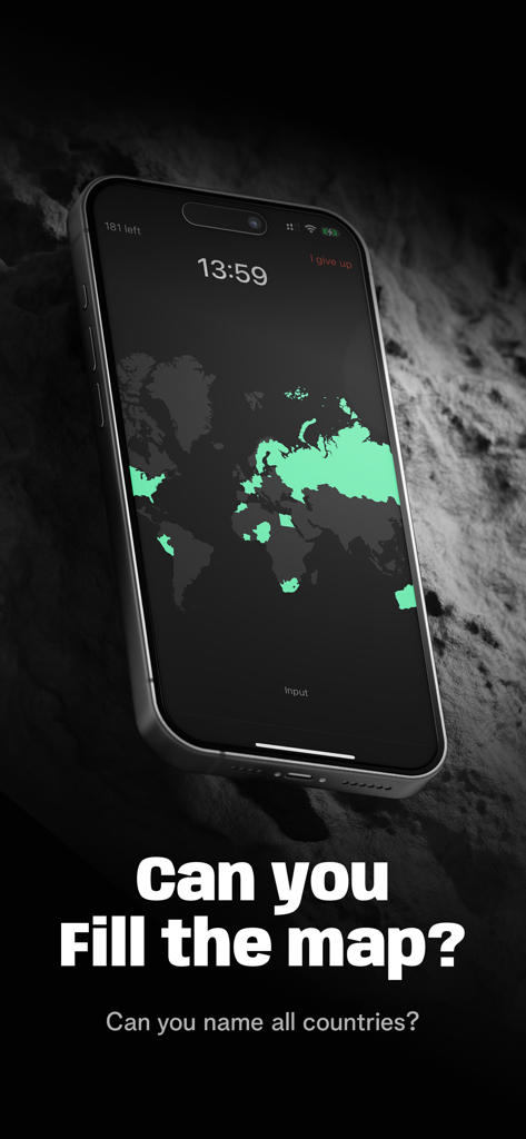 Mapfast - Guess the Country - A smartphone screen showing a geography trivia game with a world map and a timer.
