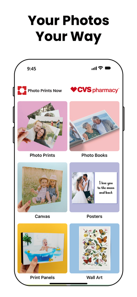 Photo Prints Now: CVS Photo - Home screen of the Photo Prints Now app displaying various printing options including photo prints, photo books, canvas, and posters for CVS Pharmacy pickup.