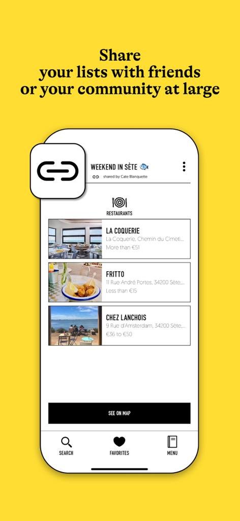 FOODING® - Interface of the Fooding app showing a shared restaurant list for Sete with options to share with friends