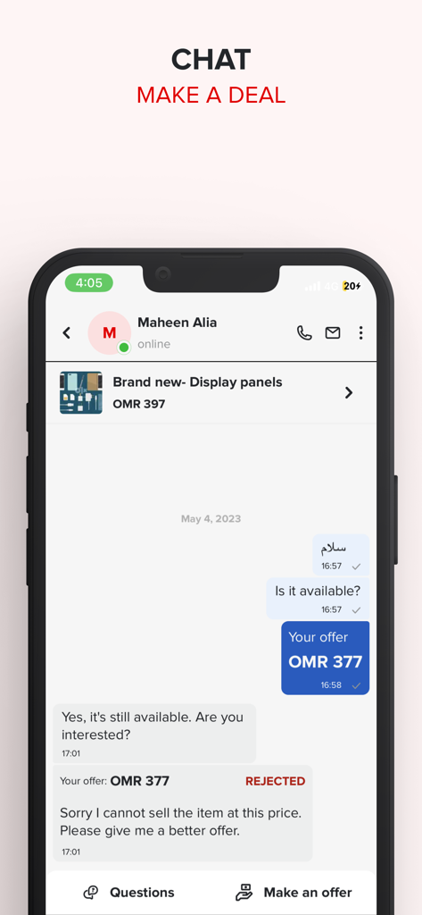 dubizzle Oman - OLX Oman - A mobile screen showing the private chat and price negotiation feature in the dubizzle Oman app