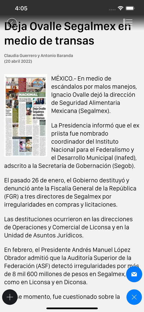 Una noticia sobre política mexicana mostrada en la interfaz de la aplicación móvil EL NORTE.