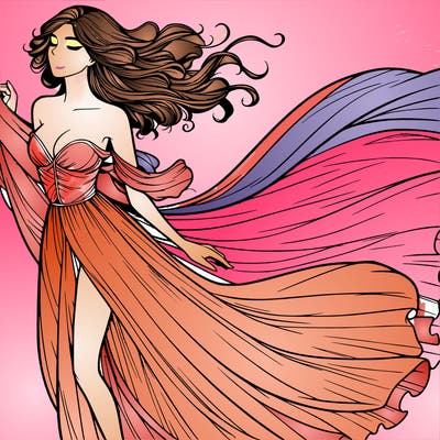 realistic woman in dress flowing the the wind