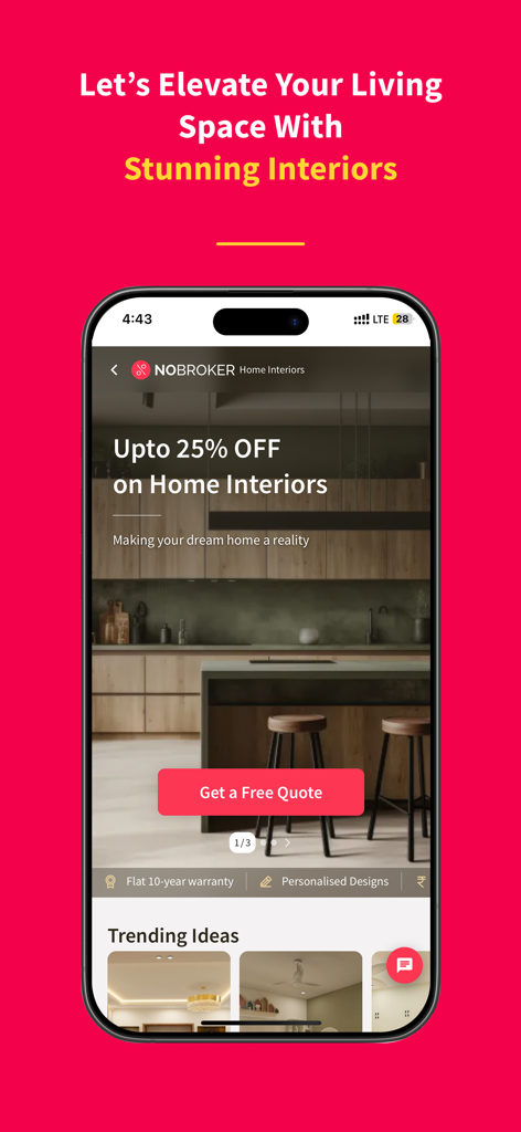NoBroker Rent, Buy, Sell Flats - Captura de pantalla de la aplicación NoBroker promocionando servicios de diseño de interiores con una oferta de descuento