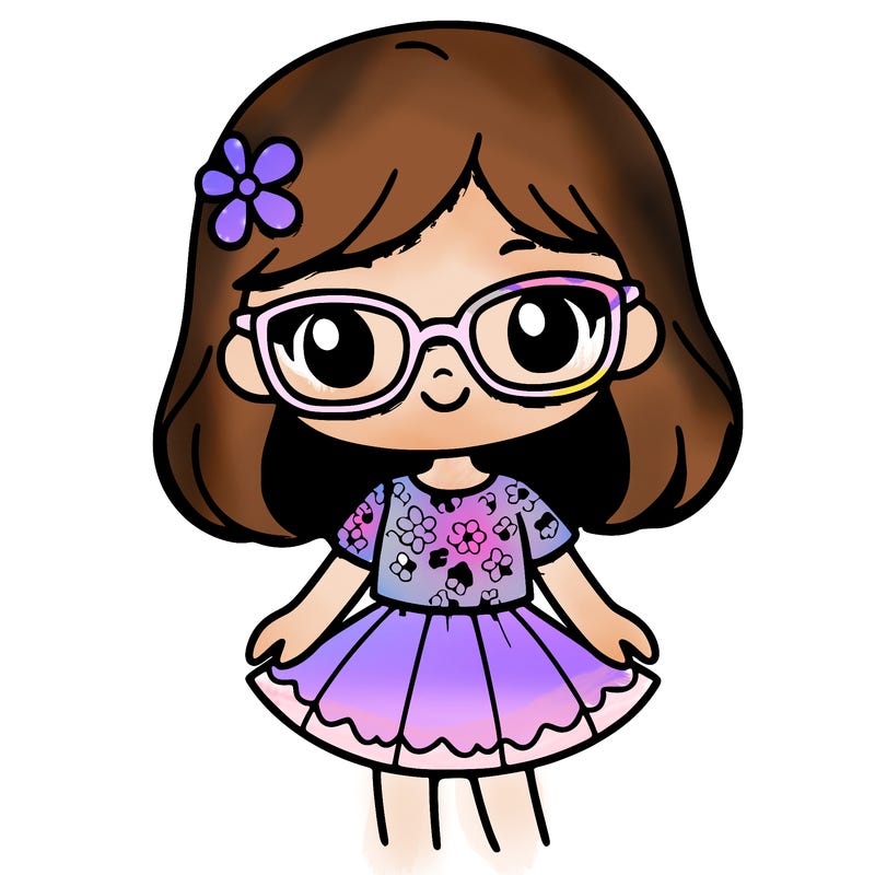 a tan 8 year old girl light pink glasses a purple white flower shirt pale pink short skirt