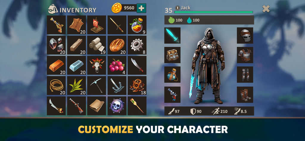 Survival Island: EVO 2 Game - Menú de personalización de personaje e inventario en Survival Island EVO 2 mostrando varios objetos y equipo.