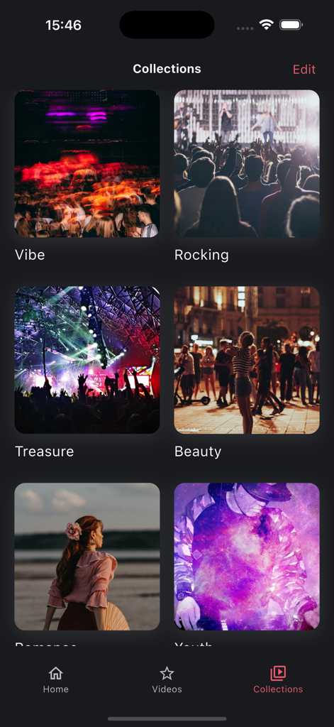 SaveTik: Tik Tock Video Saver - Écran de l'application SaveTik montrant des collections de vidéos organisées comme Vibe, Rocking et Treasure pour le contenu TikTok enregistré.