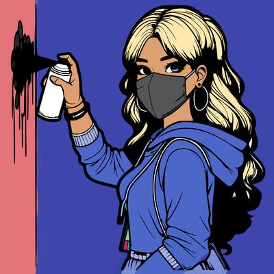 realistic girl with mask spray painting a wall