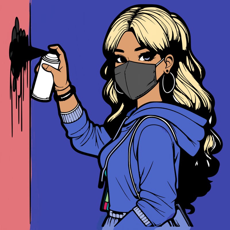 realistic girl with mask spray painting a wall