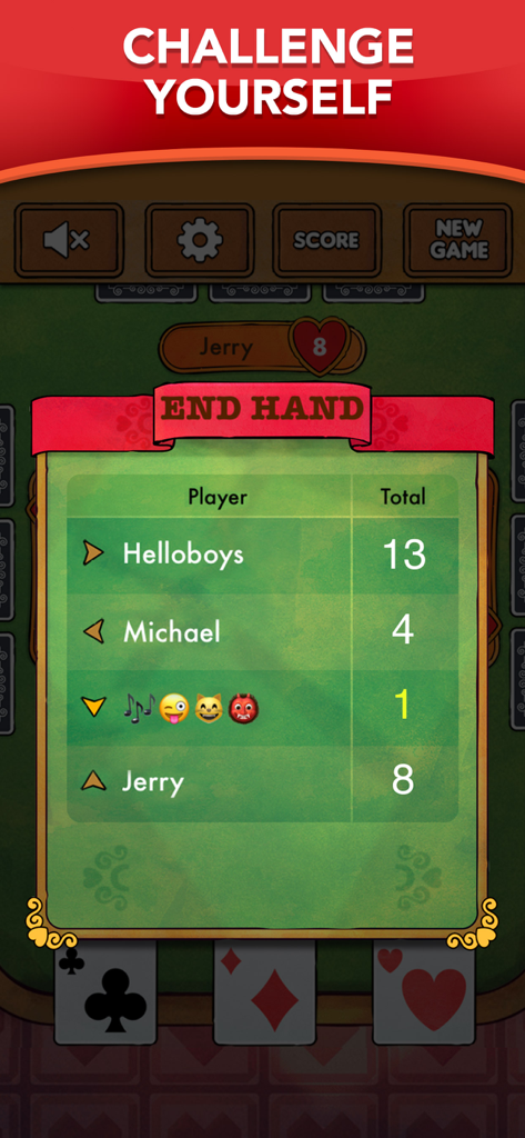 Hearts - Card Game Classic - End hand scoreboard in Hearts card game showing player points and challenge yourself text