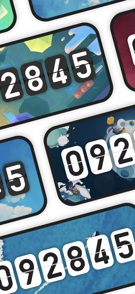 Flip clock & clock widget - A collage showing various artistic and colorful flip clock themes including space, sky, and illustrated backgrounds.