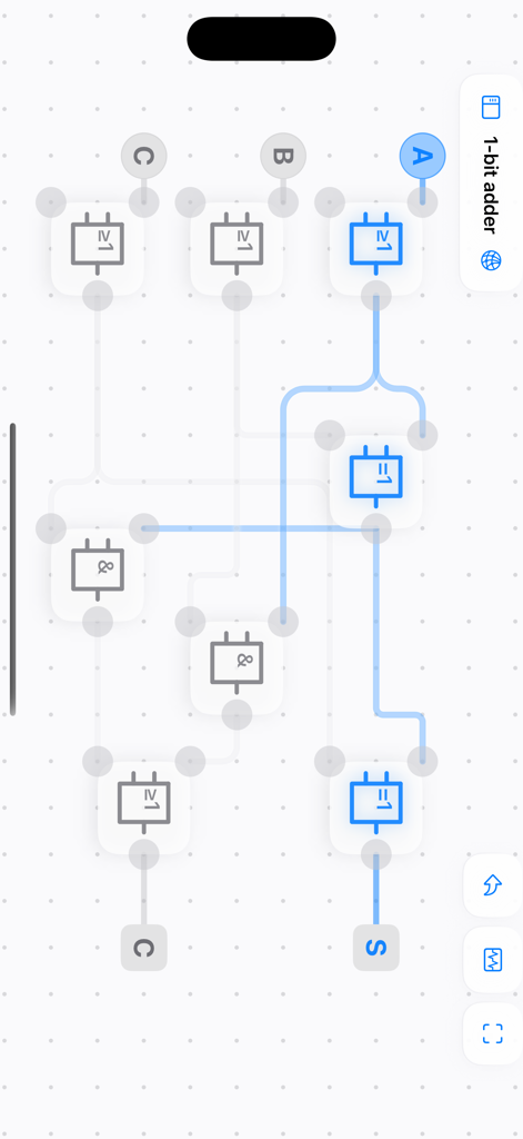 LogicalArt - Logic Gate Sim - LogicalArt app showing a 1-bit adder circuit design