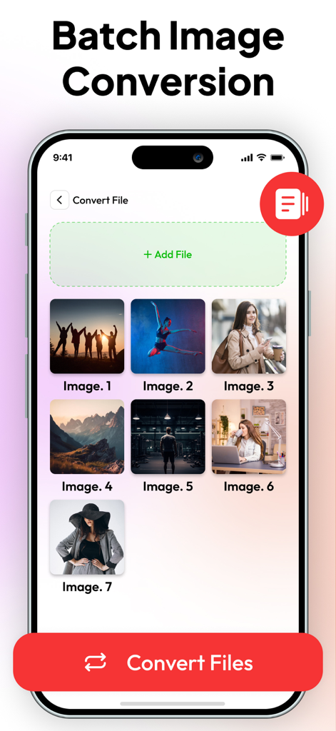 App screen showing multiple photos selected for batch image conversion