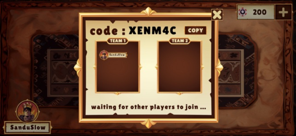 Pantalla de sala multijugador para el juego de cartas Ronda mostrando el código de la sala y la selección de equipo